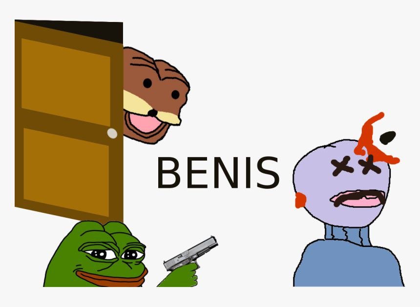 Spurdo peeks around a door while Pepe points a gun at a dead character, with the caption BENIS