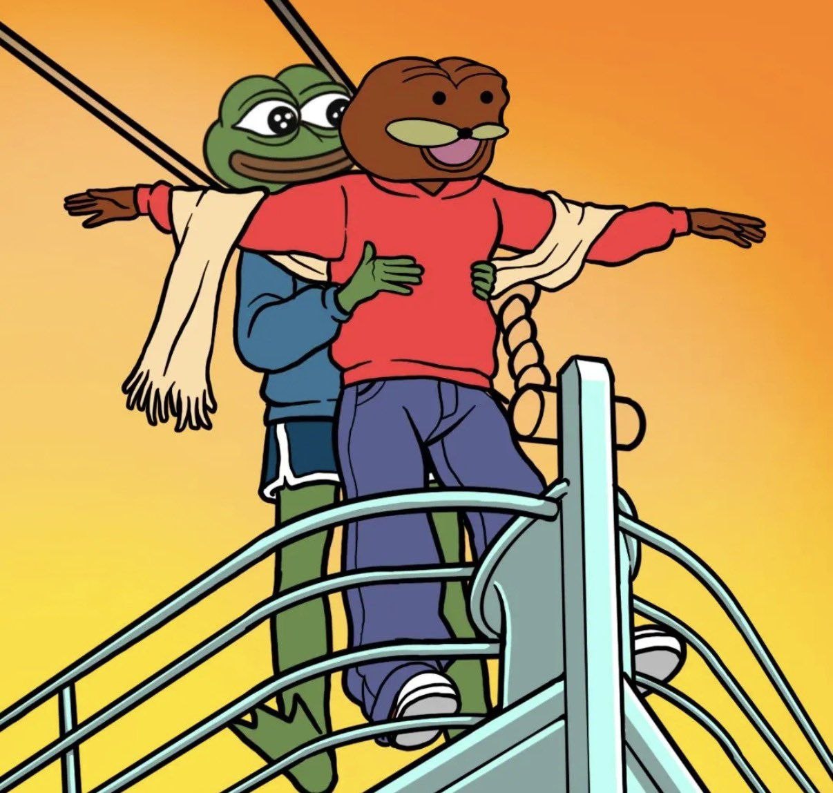 Spurdo and Pepe on the bow of a ship in the Titanic pose at sunset