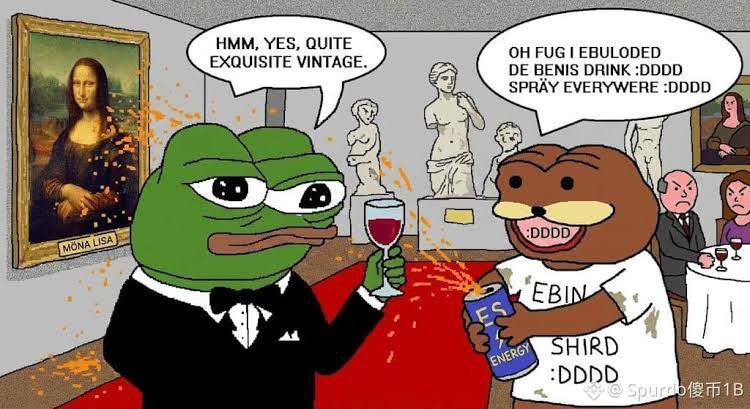 Pepe in a tuxedo sips wine in an art gallery while Spurdo sprays an energy drink everywhere