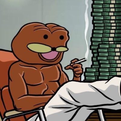 Spurdo lounging in a chair next to a tall stack of cash