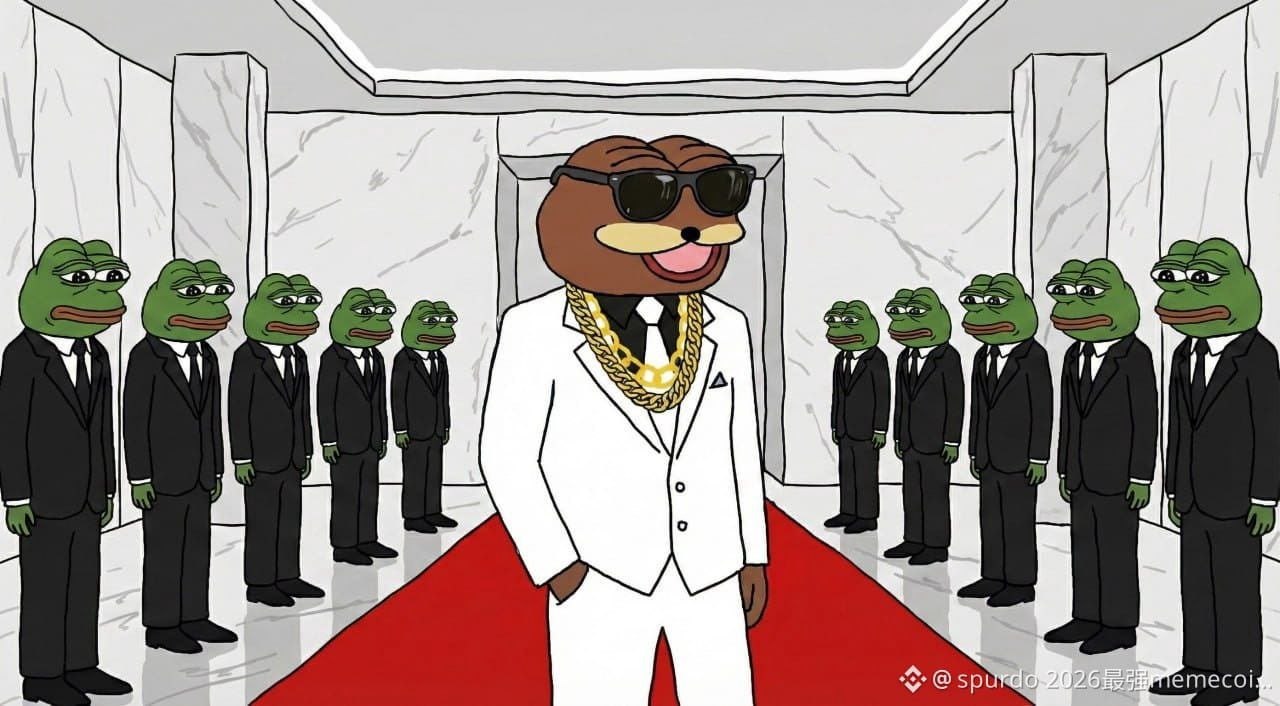 Spurdo in a white suit and gold chain walks a red carpet flanked by rows of Pepes in black suits