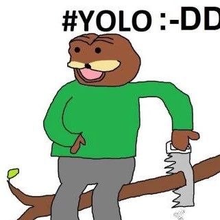 Spurdo in a green sweater saws off the tree branch he is sitting on, with the caption YOLO