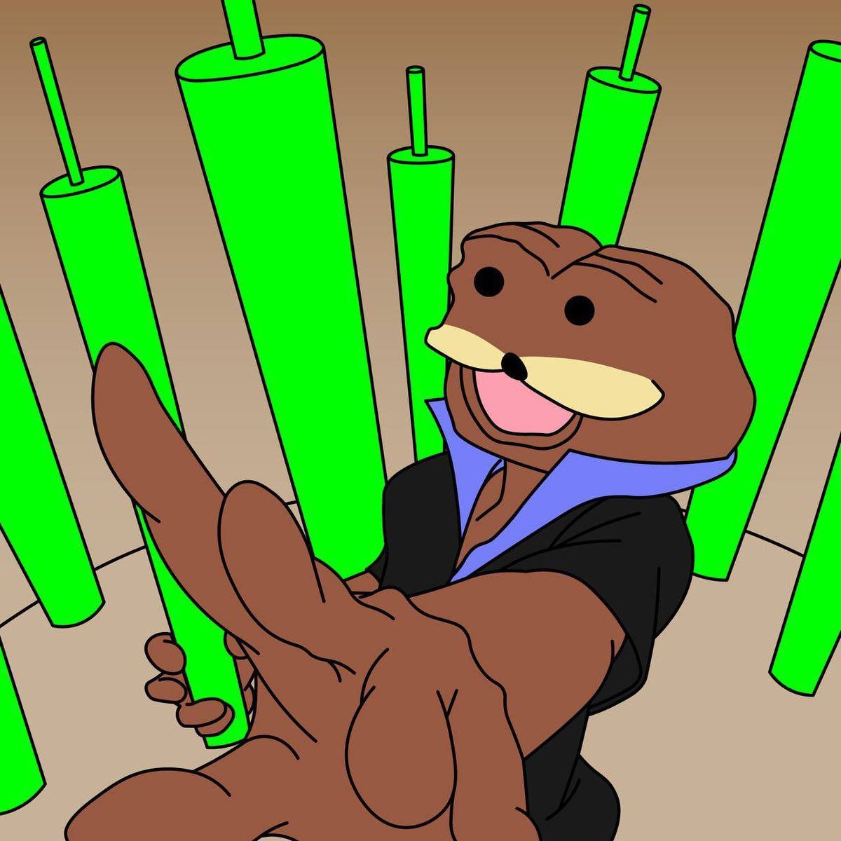 Spurdo reaching toward the camera in front of giant green candlesticks